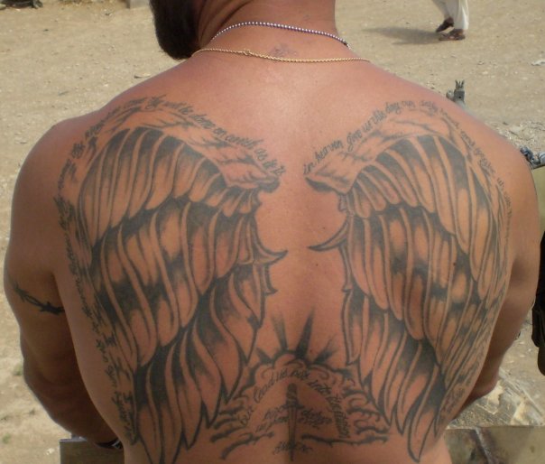 Awesome Immortal Body Art Full Back Winged Warrior with Prayer tattoo